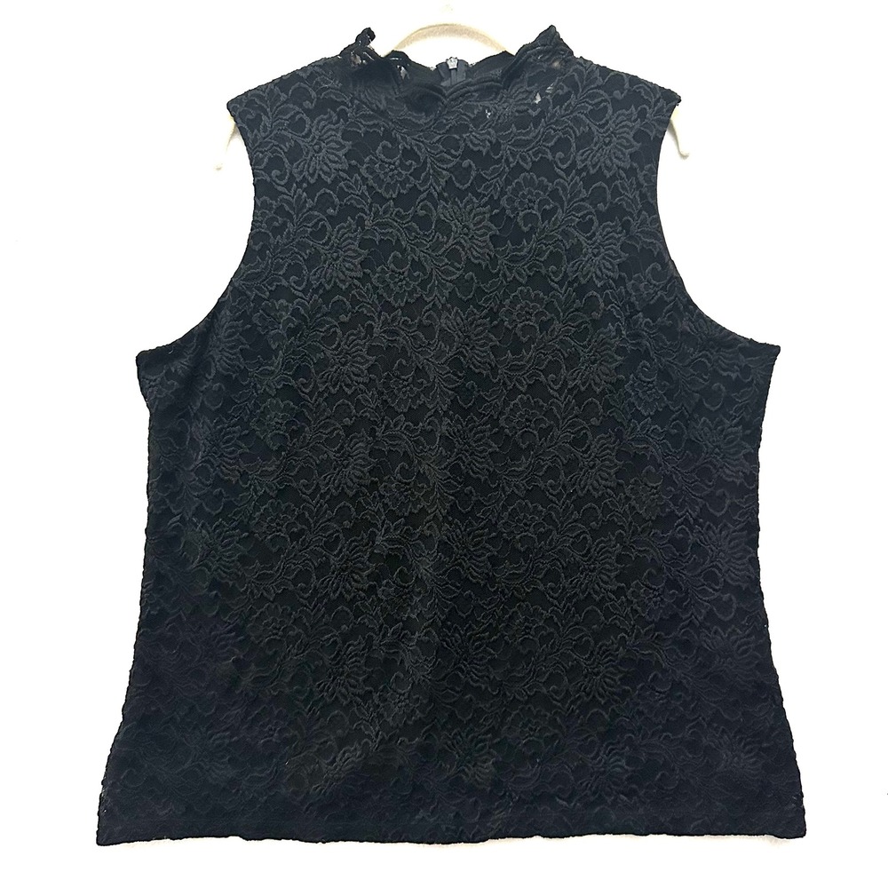 Susan Graver XL Black Floral Lace Mock Neck Sleeveless Blouse Top Zipper Back